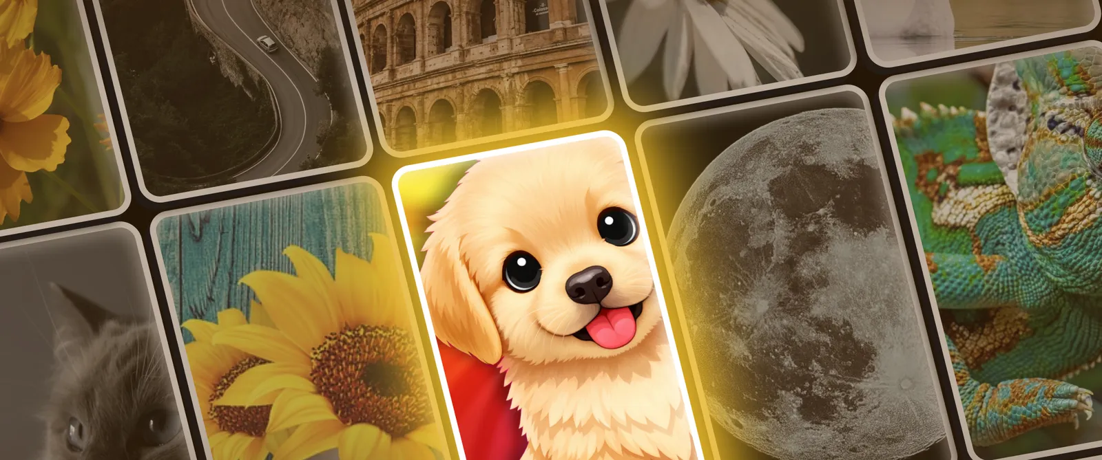 A grid of tilted jigsaw tiles showing photographs of a sunflower, the Colosseum, the moon and a chameleon, with one glowing tile in the centre showing a golden puppy