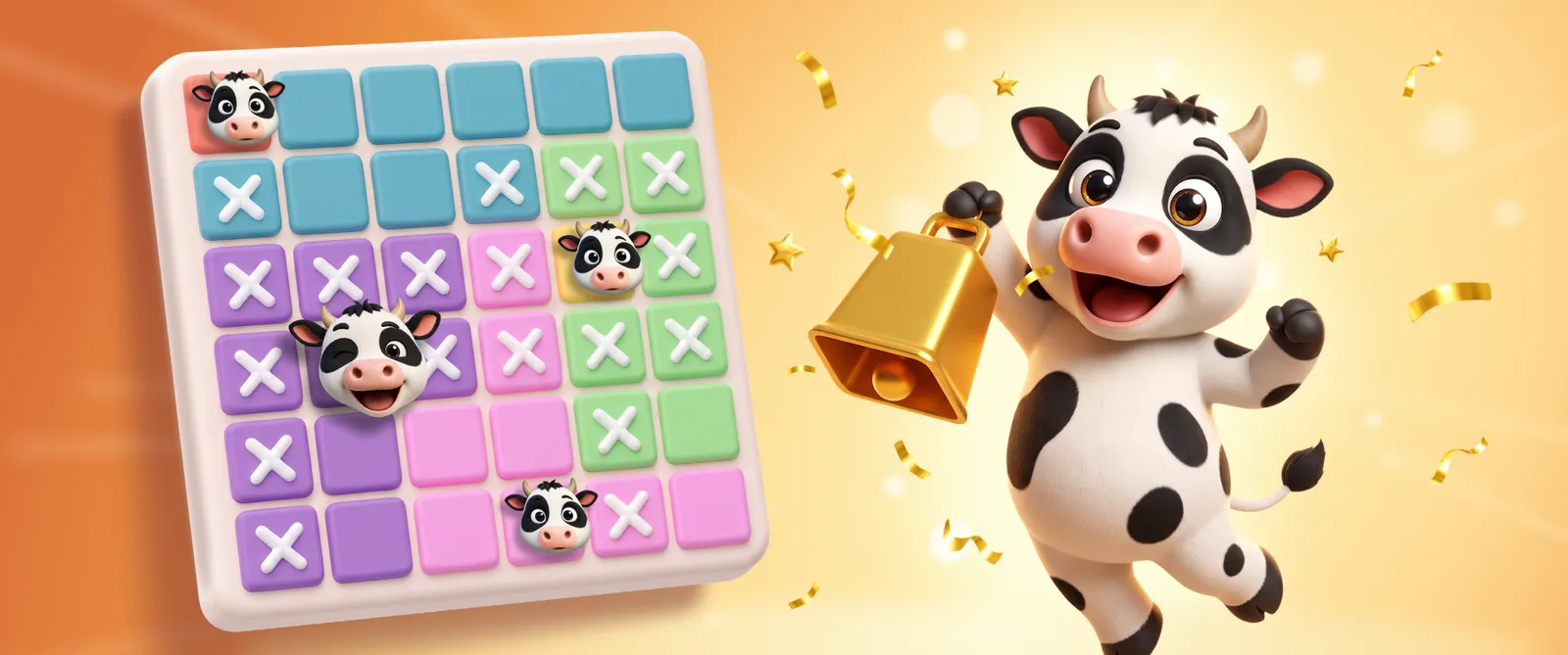 A Moodoku board with cows placed on coloured squares and white crosses on the squares ruled out, beside a cartoon cow holding a gold cowbell