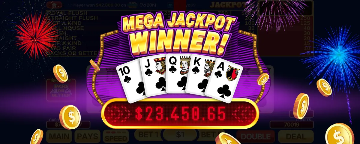 A Video Poker Deluxe jackpot celebration screen showing a royal flush in clubs above a large payout counter, with fireworks and gold coins