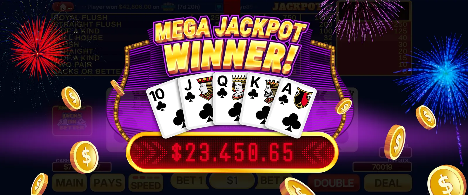 A Video Poker Deluxe jackpot celebration screen showing a royal flush in clubs above a large payout counter, with fireworks and gold coins